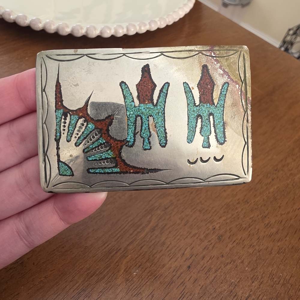 Vintage Silver Navajo Peyote Belt Buckle with Turquoise and Red Design